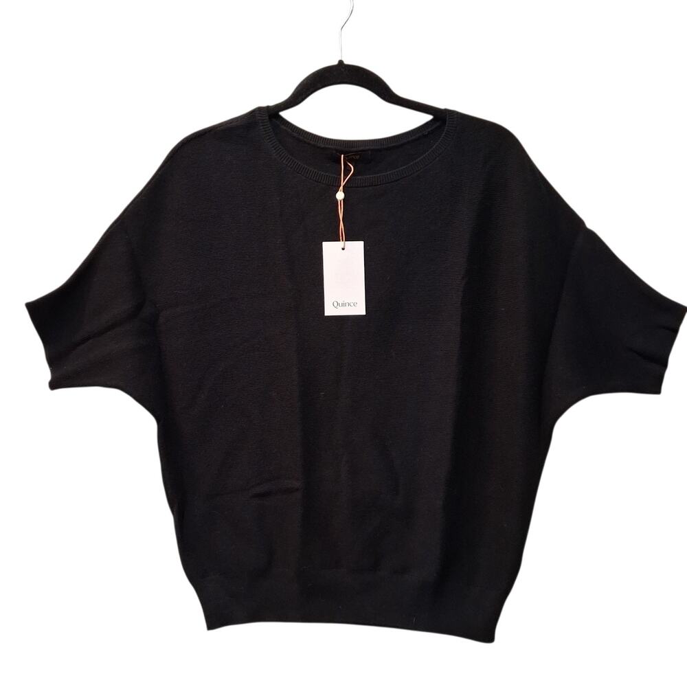 Quince Lightweight Cotton Cashmere Blend Link-Stitch Dolman Sweater Black Small